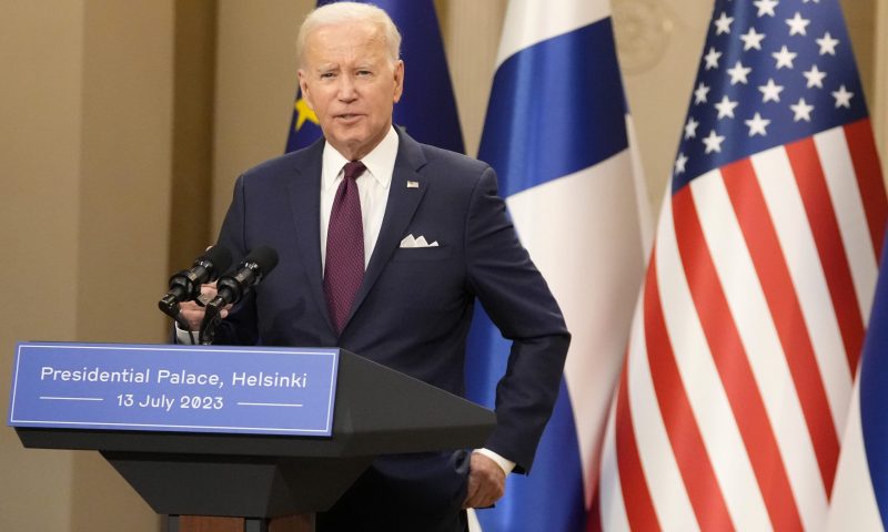 U.S. President Joe Biden attends a press conference in Helsinki, Finland, Thursday, July 13, 2023. Biden is in Finland to attend the US–Nordic Leaders' Summit. (AP Photo/Sergei Grits)