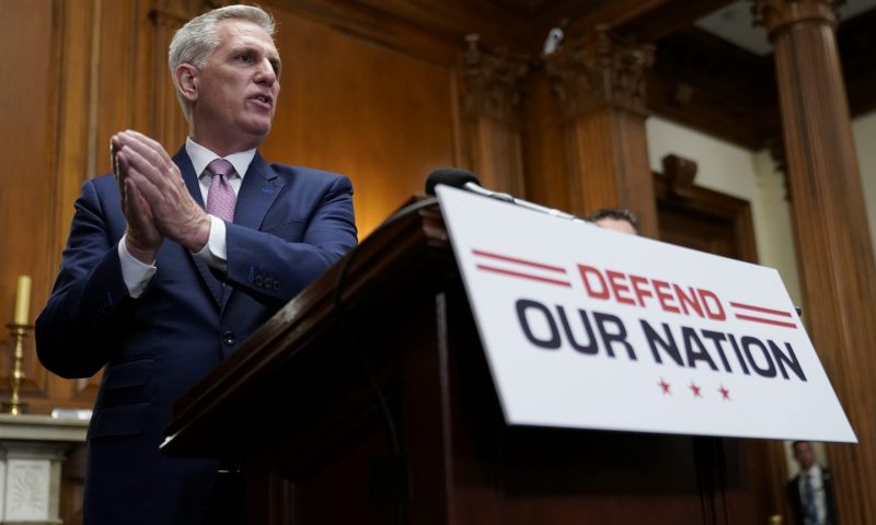 House Speaker Kevin McCarthy of Calif., speaks during a news conference after the House approved an annual defense bill, Friday, July 14, 2023, on Capitol Hill in Washington. (AP Photo/Patrick Semansky)
