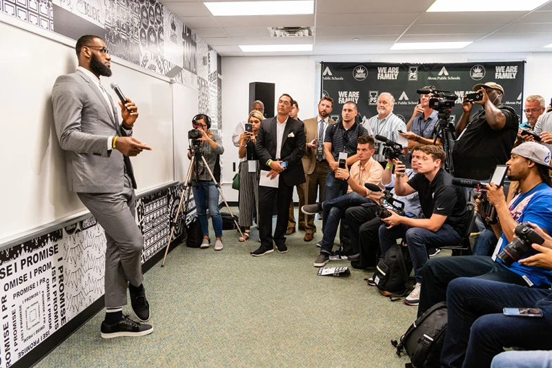 AKRON, OH - JULY 30: LeBron James addresses the media after the opening ceremonies of the I Promise School on July 30, 2018 in Akron, Ohio. The School is a partnership between the LeBron James Family foundation and the Akron Public School and is designed to serve Akron's most challenged students. (Photo by Jason Miller/Getty Images)