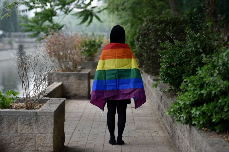 In this photo taken on May 10, 2019, a gay student poses with a rainbow flag in Beijing. - China's LGBT community has had a tough year: Censors have shut down some of its social media forums, online news media have curbed coverage of gay issues, and online shops have removed sales of rainbow-themed products. The tighter restrictions have led the LGBT community in China -- fearing a crackdown -- to prepare for muted celebrations of the International Day Against Homophobia, Transphobia and Biphobia on May 17. (Photo by GREG BAKER / AFP) / TO GO WITH China-gay-rights, FOCUS by Pak YIU (Photo credit should read GREG BAKER/AFP via Getty Images)