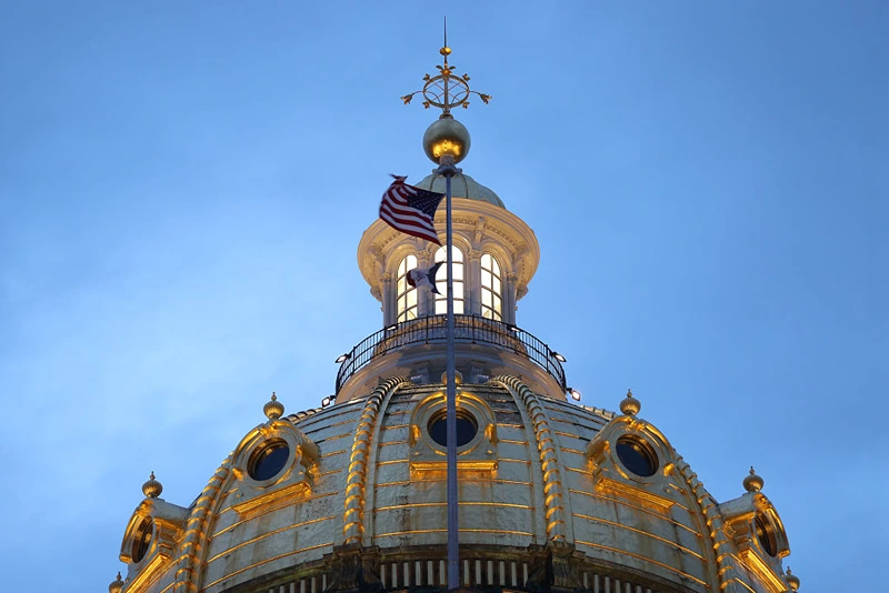 DES MOINES, IOWA - OCTOBER 09: The Iowa State Capitol building is seen on October 09, 2019 in Des Moines, Iowa. The 2020 Iowa Democratic caucuses will take place on February 3, 2020, making it the first nominating contest in the Democratic Party presidential primaries. (Photo by Joe Raedle/Getty Images)