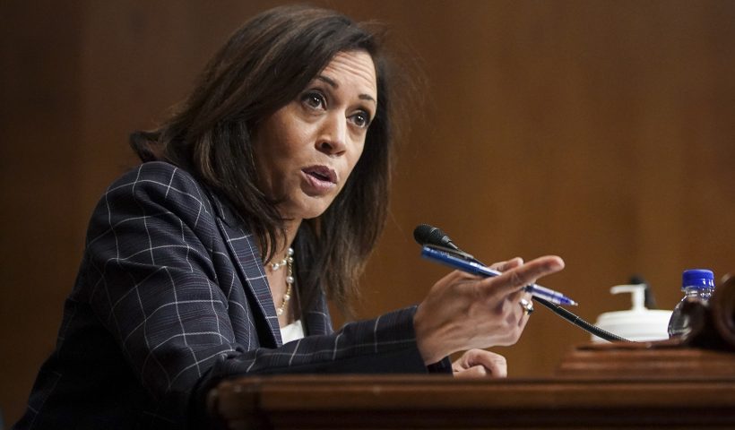 WASHINGTON, DC - JUNE 25: U.S. Sen. Kamala Harris (D-CA) speaks at a hearing of the Homeland Security Committee attended by acting U.S. Customs and Border Protection (CBP) Commissioner Mark Morgan at the Capitol Building on June 25, 2020 in Washington, DC. Morgan and President Donald Trump in Yuma, Arizona recently marked the 200th mile of the wall on the U.S.-Mexico border, an effort to control immigration touted in the president's 2016 presidential campaign. (Photo by Alexander Drago-Pool/Getty Images)