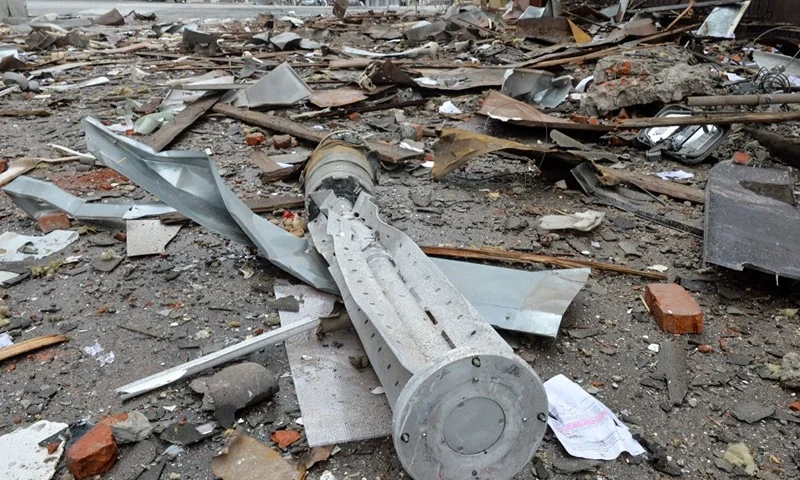 A view shows the internal components of a 300mm rocket which appear to contained cluster bombs launched from a BM-30 Smerch multiple rocket launcher in Ukraine's second-biggest city of Kharkiv on March 3, 2022, following Russia's invasion of Ukraine. - Ukraine and Russia agreed to create humanitarian corridors to evacuate civilians on March 3, in a second round of talks since Moscow invaded last week, negotiators on both sides said. (Photo by Sergey BOBOK / AFP) (Photo by SERGEY BOBOK/AFP via Getty Images)