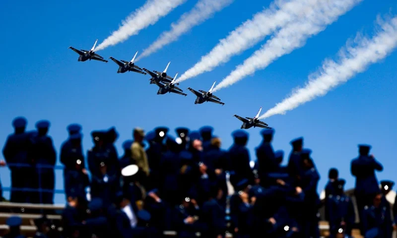 The Air Force Thunderbirds perform after the Air Force Academy graduation ceremony at Falcon Stadium on May 25, 2022 in Colorado Springs, Colorado. United States Secretary of Defense Lloyd Austin III gave the commencement address to the 973 graduates from the academy. (Photo by Michael Ciaglo/Getty Images)