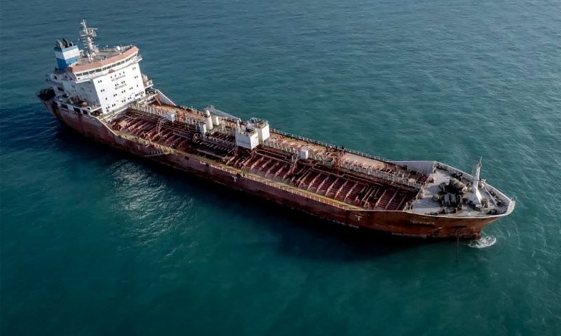 This picture taken on October 31, 2022 shows a view of an oil tanker, seized by Iranian naval forces at the Gulf port of Bandar Abbas in southern Iran. - Iran said the foreign-registered ship was smuggling fuel in the Gulf and arrested its crew, according to local media. "The navy of the Islamic Revolutionary Guard Corps has seized a foreign tanker carrying 11 million litres of smuggled fuel", said Mojtaba Ghahremani, the judiciary chief for Hormozgan province, according to the Tasnim news agency. It is not known when the vessel was seized, or what flag it sailed under. (Photo by IRNA / AFP) (Photo by -/IRNA/AFP via Getty Images)