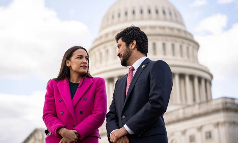 WASHINGTON, DC - JANUARY 26: (L-R) Rep. Alexandria Ocasio-Cortez (D-NY) and Rep. Greg Casar (D-TX) speak with each other during a news conference with Democratic lawmakers about the Biden administrations border politics, outside the U.S. Capitol on January 26, 2023 in Washington, DC. A group of 77 Democratic lawmakers sent a letter to President Joe Biden this week criticizing his administrations policies restricting asylum access for migrants crossing the southern border. (Photo by Drew Angerer/Getty Images)