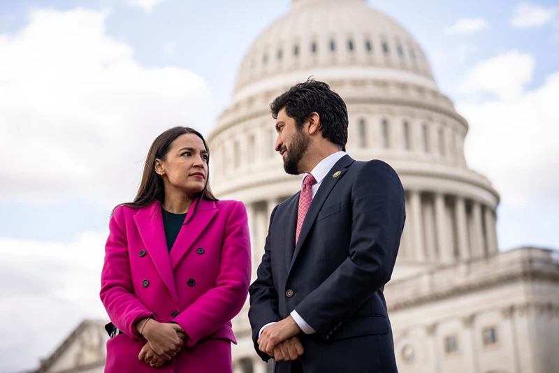 WASHINGTON, DC - JANUARY 26: (L-R) Rep. Alexandria Ocasio-Cortez (D-NY) and Rep. Greg Casar (D-TX) speak with each other during a news conference with Democratic lawmakers about the Biden administrations border politics, outside the U.S. Capitol on January 26, 2023 in Washington, DC. A group of 77 Democratic lawmakers sent a letter to President Joe Biden this week criticizing his administrations policies restricting asylum access for migrants crossing the southern border. (Photo by Drew Angerer/Getty Images)
