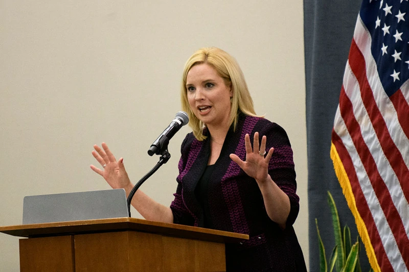 CEDAR RAPIDS, IOWA - MAY 13: Rep. Ashley Hinson (R-IA) speaks during an Iowa GOP reception on May 13, 2023 in Cedar Rapids, Iowa. Florida Gov. Ron DeSantis, an attendee of the event, has received the endorsement of 37 Iowa lawmakers for the Republican presidential nomination next year. (Photo by Stephen Maturen/Getty Images)