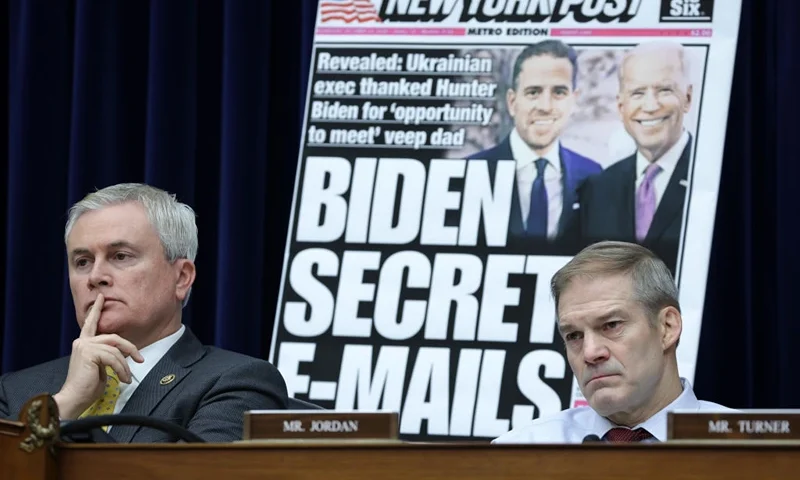WASHINGTON, DC - FEBRUARY 08: With a poster of a New York Post front page story about Hunter Biden’s emails on display, Committee Chairman Rep. James Comer (R-KY) and Rep. Jim Jordon (R-OH) listen during a hearing before the House Oversight and Accountability Committee at Rayburn House Office Building on Capitol Hill on February 8, 2023 in Washington, DC. The committee held a hearing on "Protecting Speech from Government Interference and Social Media Bias, Part 1: Twitter's Role in Suppressing the Biden Laptop Story." (Photo by Alex Wong/Getty Images)