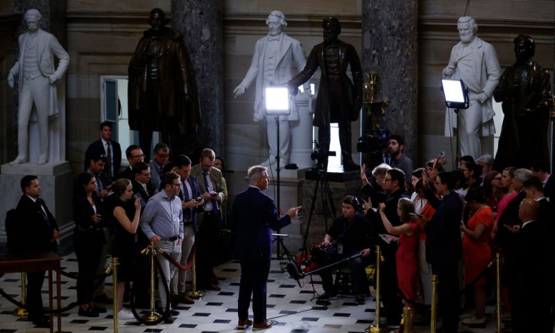 Speaker of the House Kevin McCarthy (R-CA) talks to reporters during a news conference in Statuary Hall at the U.S. Capitol on July 19, 2023 in Washington, DC. McCarthy answered questions about the National Defense Authorization Act and the Internal Revenue Service whistleblowers who testified about their investigation into President Joe Biden's son, Hunter Biden. (Photo by Chip Somodevilla/Getty Images)