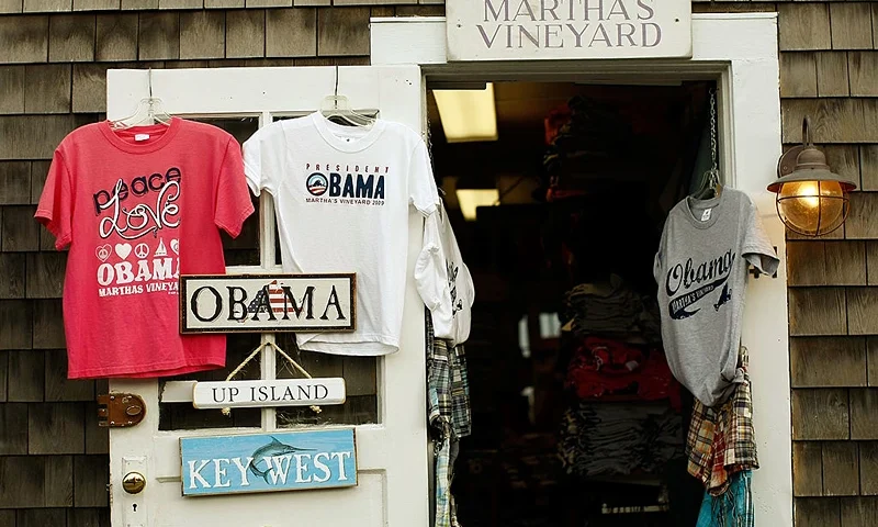 EDGARTOWN, MA - AUGUST 06: Items featuring U.S. President Barack Obama's name are shown for sale at the Soft As A Grape store August 6, 2009 in Edgartown, Massachusetts on the island of Martha's Vineyard. President Barack Obama and his family will visit Martha's Vineyard and stay at the Blue Heron Farm off South Road in Chilmark while on vacation during the last week of August. (Photo by Win McNamee/Getty Images)