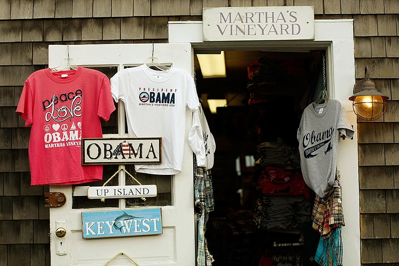EDGARTOWN, MA - AUGUST 06: Items featuring U.S. President Barack Obama's name are shown for sale at the Soft As A Grape store August 6, 2009 in Edgartown, Massachusetts on the island of Martha's Vineyard. President Barack Obama and his family will visit Martha's Vineyard and stay at the Blue Heron Farm off South Road in Chilmark while on vacation during the last week of August. (Photo by Win McNamee/Getty Images)