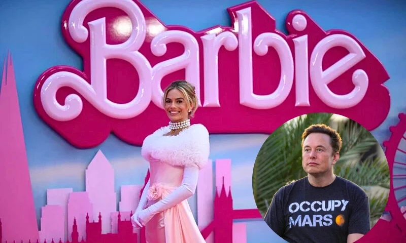 (R) Australian actress Margot Robbie poses on the pink carpet upon arrival for the European premiere of "Barbie" in central London on July 12, 2023. (L) (Photo by JUSTIN TALLIS/AFP via Getty Images) / BOCA CHICA BEACH, TX - AUGUST 25: SpaceX founder Elon Musk during a T-Mobile and SpaceX joint event on August 25, 2022 in Boca Chica Beach, Texas. The two companies announced plans to work together to provide T-Mobile cellular service using Starlink satellites. (Photo by Michael Gonzalez/Getty Images) / Canva edit