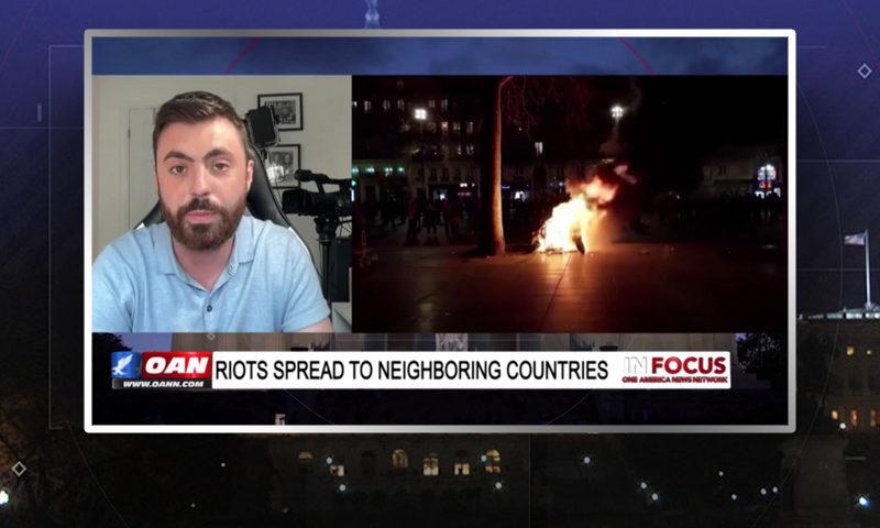 Video still from Lewis Brackpool's interview with In Focus on One America News Network