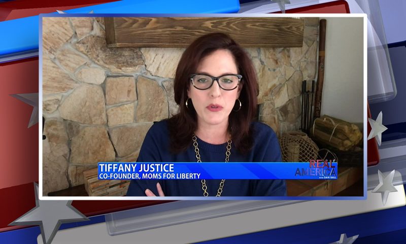 Video still from Tiffany Justice's interview with Real America on One America News Network