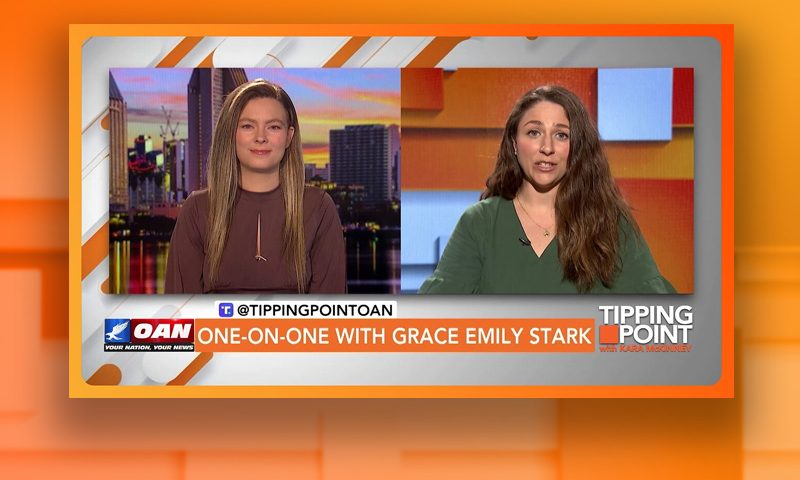 Video still from Grace Emily Stark's interview with Tipping Point on One America News Network