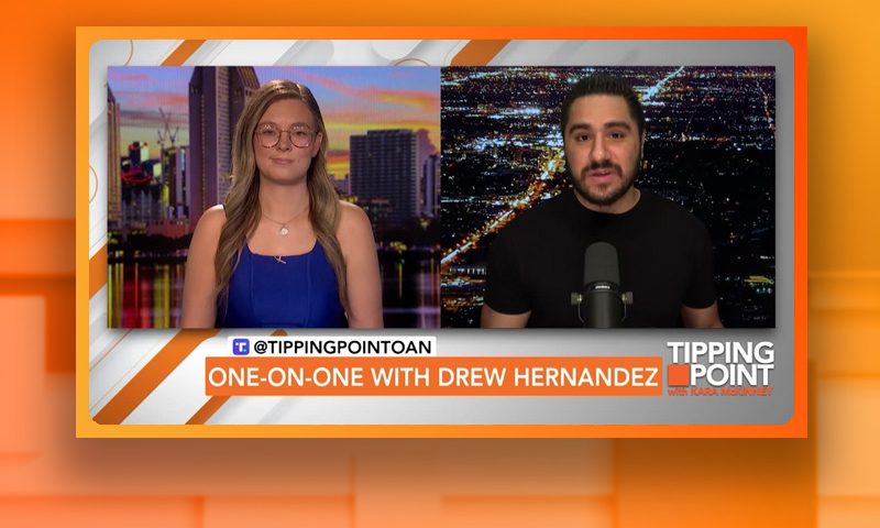 Video still from Drew Hernandez's interview with Tipping Point on One America News Network