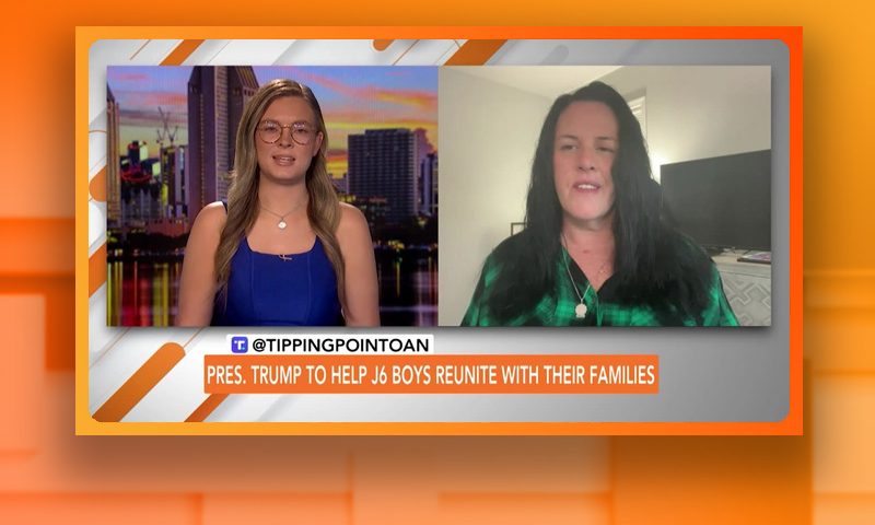 Video still from Cynthia Hughes' interview with Tipping Point on One America News Network