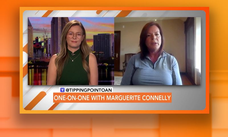 Video still from Marguerite Connelly's interview with Tipping Point on One America News Network