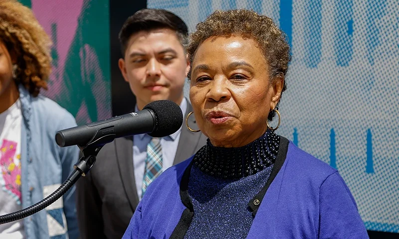 OAKLAND, CALIFORNIA - MAY 21: Congresswoman Barbara Lee of California speaks at a "Just Majority" nationwide bus tour press conference to call for reforms to the U.S. Supreme Court on May 21, 2023 in Oakland, California. (Photo by Kimberly White/Getty Images for Demand Justice)