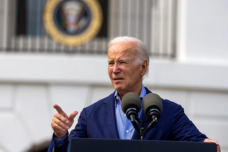 WASHINGTON, DC - JULY 04: President Joe Biden speaks to guests on the south lawn on July 04, 2023 in Washington, DC. The Bidens hosted a Fourth of July BBQ and concert with military families and other guests on the south lawn of the White House. (Photo by Tasos Katopodis/Getty Images