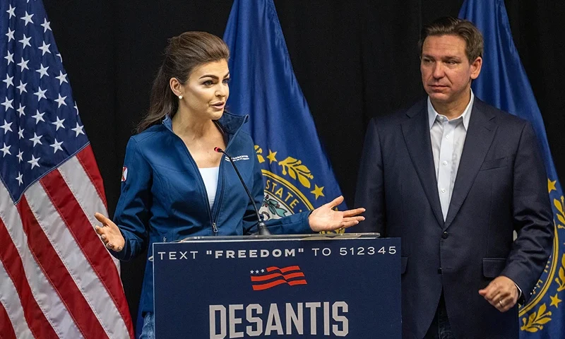 LACONIA, NEW HAMPSHIRE - JUNE 1: Florida First Lady Casey DeSantis delivers speaks alongside her husband Republican presidential candidate Florida Gov. Ron DeSantis during a stop on his "Our Great American Comeback" Tour on June 1, 2023 in Laconia, New Hampshire. DeSantis is in New Hampshire as part of his newly launched presidential campaign and after spending two days making stops around Iowa, which leads off the GOP presidential primary contest next year. (Photo by Scott Eisen/Getty Images)