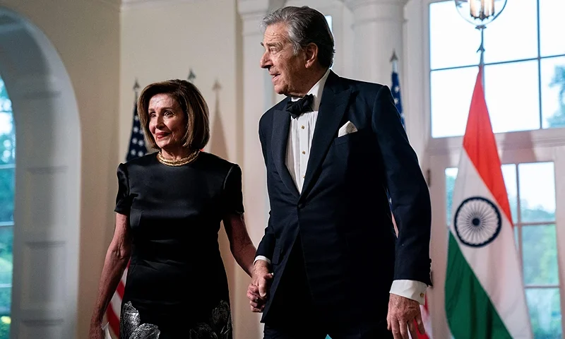 US Representative Nancy Pelosi (D- CA) and her husband Paul Pelosi arrive for an official State Dinner in honor of India's Prime Minister Narendra Modi, at the White House in Washington, DC, on June 22, 2023. (Photo by Stefani Reynolds / AFP) (Photo by STEFANI REYNOLDS/AFP via Getty Images)