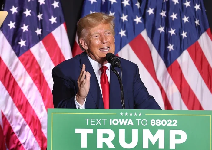 COUNCIL BLUFFS, IOWA - JULY 07: Former US President Donald Trump speaks to supporters during a Farmers for Trump campaign event at the MidAmerica Center on July 07, 2023 in Council Bluffs, Iowa. The event was Trump's largest in Iowa since a visit to Davenport in March. (Photo by Scott Olson/Getty Images)