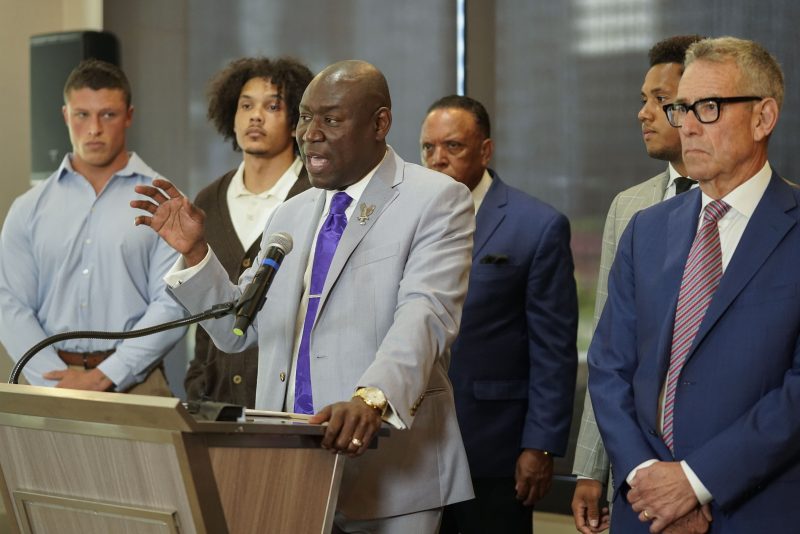 FILE - Standing with former Northwestern athletes, attorney Ben Crump speaks during a press conference addressing widespread hazing accusations at Northwestern University Wednesday, July 19, 2023, in Chicago. Crump was set Monday, July 24, 2023, to announce another lawsuit against Northwestern University over hazing allegations in its athletic programs, with the latest suit touted as containing “damning new details” of sexual hazing and abuse in its football program. (AP Photo/Erin Hooley, File)