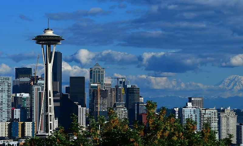 SEATTLE, WA - JUNE 8: A general view of the Seattle Space Needle and downtown skyline with Mount Rainier in the background leading up to the 2019 Rock'n'Roll Seattle Marathon and 1/2 Marathon on June 8, 2019 in Seattle, Washington. (Photo by Donald Miralle/Getty Images for Rock'n'Roll Marathon )