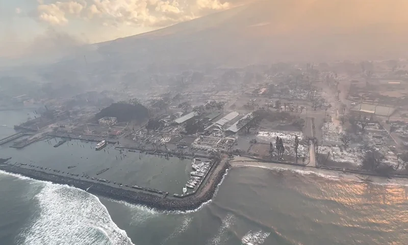 An aerial view of damaged areas amidst wildfires in Maui, Hawaii, U.S., August 9, 2023, in this screenshot taken from a social media video. Vince Carter/via REUTERS