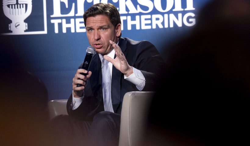 Presidential candidate and Florida Gov. Ron DeSantis speaks at The Gathering in Atlanta, on Friday, Aug. 18, 2023. (AP Photo/Ben Gray)