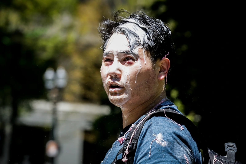 Antifa Counter-Protests As Right-Wing Groups Demonstrate In Portland
PORTLAND, OR - JUNE 29: Andy Ngo, a Portland-based journalist, is seen covered in unknown substance after unidentified Rose City Antifa members attacked him on June 29, 2019 in Portland, Oregon. Several groups from the left and right clashed after competing demonstrations at Pioneer Square, Chapman Square, and Waterfront Park spilled into the streets. According to police, medics treated eight people and three people were arrested during the demonstrations. (Photo by Moriah Ratner/Getty Images)