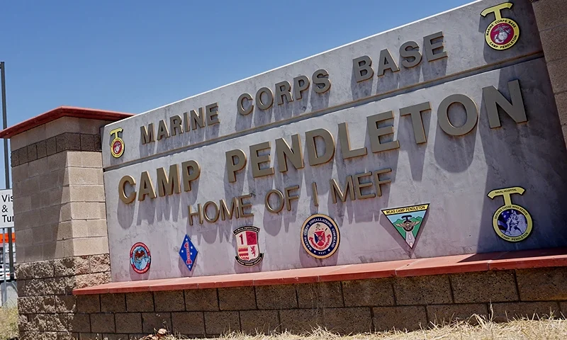 16 Marines Arrested At Camp Pendleton On Charges Of Human Smuggling And Drugs CAMP PENDLETON, CA - JULY 26: View of the main entrance to Camp Pendleton on July 26, 2019 in Oceanside, California. Sixteen Marines were arrested at Camp Pendleton Thursday morning during battalion formation for various illegal activities ranging from human smuggling to drug-related offenses. (Photo by Sandy Huffaker/Getty Images)