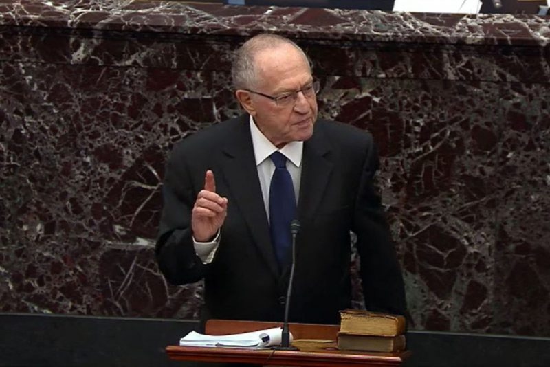 WASHINGTON, DC - JANUARY 27: In this screenshot taken from a Senate Television webcast, Legal Counsel for President Donald Trump, Alan Dershowitz speaks during impeachment proceedings against U.S. President Donald Trump in the Senate at the U.S. Capitol on January 27, 2020 in Washington, DC. Democratic House managers have concluded their opening arguments and President Trump's lawyers now continue to present their defense. (Photo by Senate Television via Getty Images)
