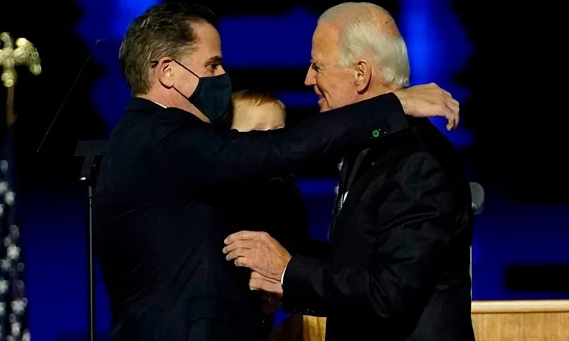 WILMINGTON, DELAWARE - NOVEMBER 07: President-elect Joe Biden embraces his son Hunter Biden after addressing the nation from the Chase Center November 07, 2020 in Wilmington, Delaware. After four days of counting the high volume of mail-in ballots in key battleground states due to the coronavirus pandemic, the race was called for Biden after a contentious election battle against incumbent Republican President Donald Trump. (Photo by Andrew Harnik-Pool/Getty Images)