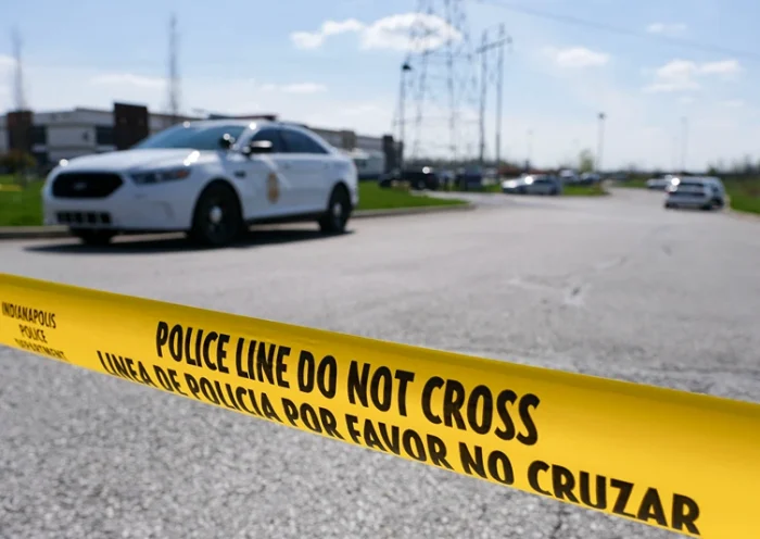 US-crime-shooting Police caution tape blocks the entrance to the site of a mass shooting at a FedEx facility in Indianapolis, Indiana on Friday, April 16, 2021. - A gunman has killed at least eight people at the facility before turning the gun on himself in the latest in a string of mass shootings in the country, authorities said. The incident came a week after President Joe Biden branded US gun violence an "epidemic" and an "international embarrassment" as he waded into the tense debate over gun control, a powerful political issue in the US. (Photo by Jeff Dean / AFP) (Photo by JEFF DEAN/AFP via Getty Images)