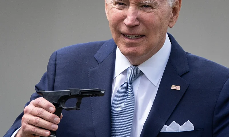 President Biden Announces New Actions To Reduce Gun Crimes WASHINGTON, DC - APRIL 11: U.S. President Joe Biden holds up a ghost gun kit during an event about gun violence in the Rose Garden of the White House April 11, 2022 in Washington, DC. Biden announced a new firearm regulation aimed at reining in ghost guns, untraceable, unregulated weapons made from kids. Biden also announced Steve Dettelbach as his nominee to lead the Bureau of Alcohol, Tobacco, Firearms and Explosives (ATF). (Photo by Drew Angerer/Getty Images)
