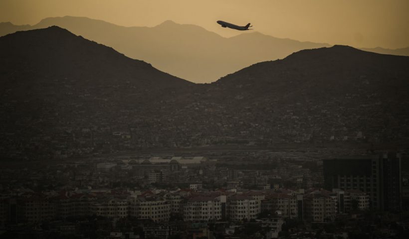 A plane takes off Hamid Karzai International airport in Kabul, Afghanistan on August 4, 2022. (Photo by Daniel LEAL / AFP) (Photo by DANIEL LEAL/AFP via Getty Images)