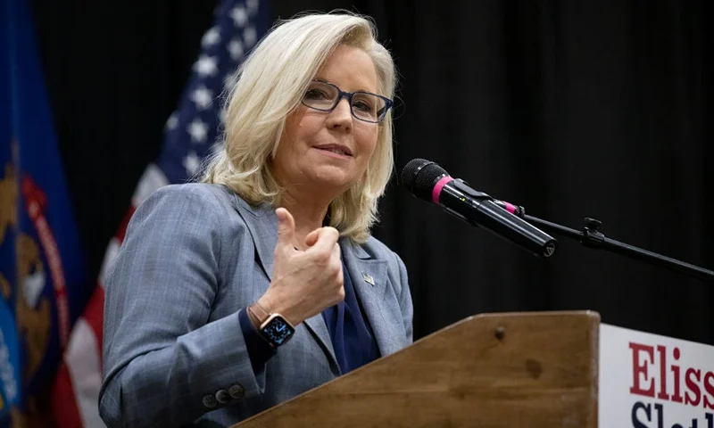 EAST LANSING, MI - NOVEMBER 01: Rep. Liz Cheney (R-WY) campaigns with Democratic Rep. Elissa Slotkin (D-MI) at an Evening for Patriotism and Bipartisanship event on November 1, 2022 in East Lansing, Michigan. This is the first time that the Republican Congresswoman has publicly endorsed a Democrat. Cheney was defeated in her August Wyoming Primary by her Republican rival Harriet Hageman, who recently endorsed Republican congressional candidate Tom Barrett, Elissa Slotkin's opponent, for Michigan's 7th District. (Photo by Bill Pugliano/Getty Images)