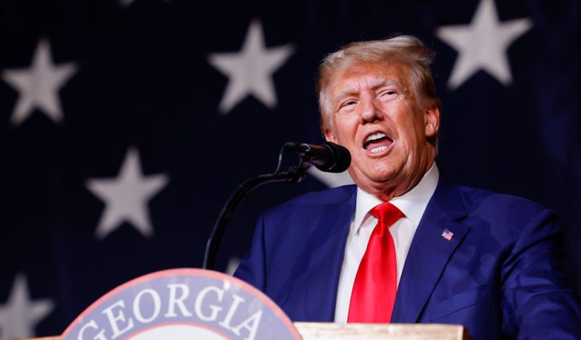 COLUMBUS, GEORGIA - JUNE 10: Former U.S. President Donald Trump delivers remarks during the Georgia state GOP convention at the Columbus Convention and Trade Center on June 10, 2023 in Columbus, Georgia. On Friday, former President Trump was indicted by a federal grand jury on 37 felony counts in Special Counsel Jack Smith’s classified documents probe. (Photo by Anna Moneymaker/Getty Images)