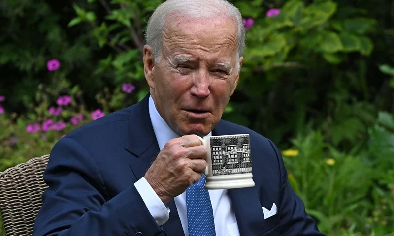BRITAIN-US-DIPLOMACY US President Joe Biden drinks from a 10 Downing Street-themed mug as he sits with Britain's Prime Minister Rishi Sunak in the garden of 10 Downing Street in central London on July 10, 2023, during their meeting. US President Joe Biden was in Britain on Monday for a brief visit to his key ally during which he met with Prime Minister Rishi Sunak before meeting King Charles III, and going on to a NATO summit in Lithuania. (Photo by ANDREW CABALLERO-REYNOLDS / AFP) (Photo by ANDREW CABALLERO-REYNOLDS/AFP via Getty Images)