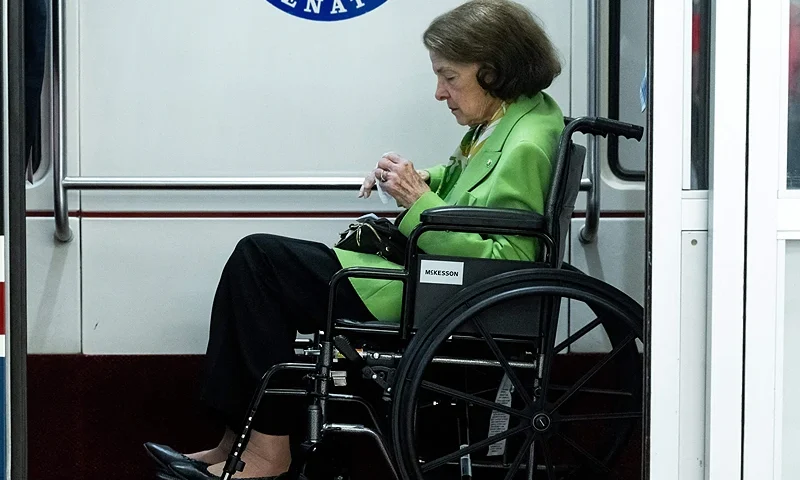 US Senator Dianne Feinstein, Democrat of California, sits in a wheelchair on the Senate Subway on Capitol Hill in Washington, DC, on July 27, 2023. Feinstein returned to the Senate on May 10, 2023, after being absent for nearly three months due to a serious case of Shingles. She is returning to work part time, having announced earlier this year that she will retire at the end of her term in 2024. (Photo by SAUL LOEB / AFP) (Photo by SAUL LOEB/AFP via Getty Images)