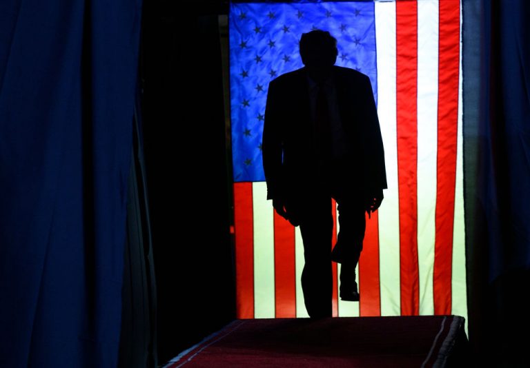 ERIE, PENNSYLVANIA - JULY 29: Former U.S. President Donald Trump enters Erie Insurance Arena for a political rally while campaigning for the GOP nomination in the 2024 election on July 29, 2023 in Erie, Pennsylvania. (Photo by Jeff Swensen/Getty Images)