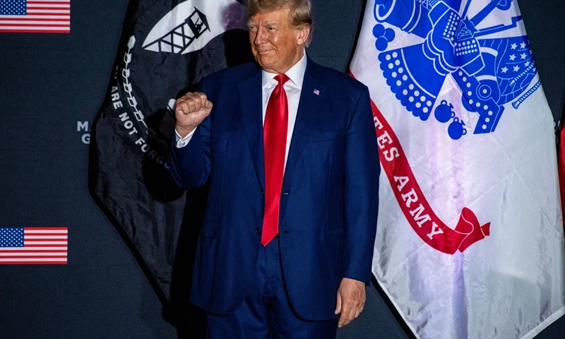 US-POLITICS-VOTE-TRUMP Former US President and 2024 presidential hopeful Donald Trump arrives to speak during a campaign rally at Windham High School in Windham, New Hampshire, on August 8, 2023. (Photo by Joseph Prezioso / AFP) (Photo by JOSEPH PREZIOSO/AFP via Getty Images)