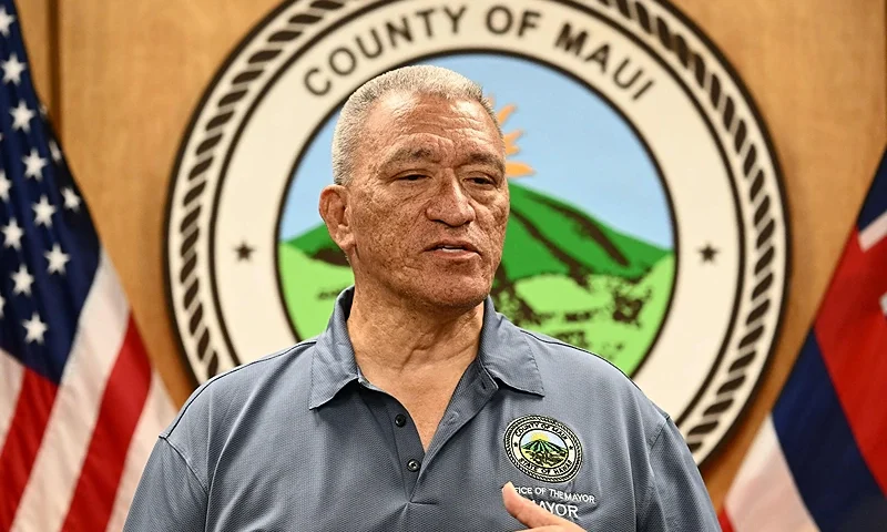 Maui County Mayor Richard T. Bissen, Jr. speaks during a press conference about the destruction of historic Lahaina and the aftermath of wildfires in western Maui in Wailuku, Hawaii on August 10, 2023. A terrifying wildfire that left a historic Hawaiian town in charred ruins has killed at least 55 people, authorities said on August 10, making it one of the deadliest disasters in the US state's history. (Photo by Patrick T. Fallon / AFP) (Photo by PATRICK T. FALLON/AFP via Getty Images)