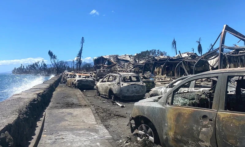 US-FIRE-HAWAII Burned cars and destroyed buildings are pictured in the aftermath of a wildfire in Lahaina, western Maui, Hawaii on August 11, 2023. A wildfire that left Lahaina in charred ruins has killed at least 55 people, authorities said on August 10, making it one of the deadliest disasters in the US state's history. Brushfires on Maui, fueled by high winds from Hurricane Dora passing to the south of Hawaii, broke out August 8 and rapidly engulfed Lahaina. (Photo by Paula RAMON / AFP) / "The erroneous mention[s] appearing in the metadata of this photo by Paula RAMON has been modified in AFP systems in the following manner: [August 11] instead of [August 10]. Please immediately remove the erroneous mention[s] from all your online services and delete it (them) from your servers. If you have been authorized by AFP to distribute it (them) to third parties, please ensure that the same actions are carried out by them. Failure to promptly comply with these instructions will entail liability on your part for any continued or post notification usage. Therefore we thank you very much for all your attention and prompt action. We are sorry for the inconvenience this notification may cause and remain at your disposal for any further information you may require." (Photo by PAULA RAMON/AFP via Getty Images)