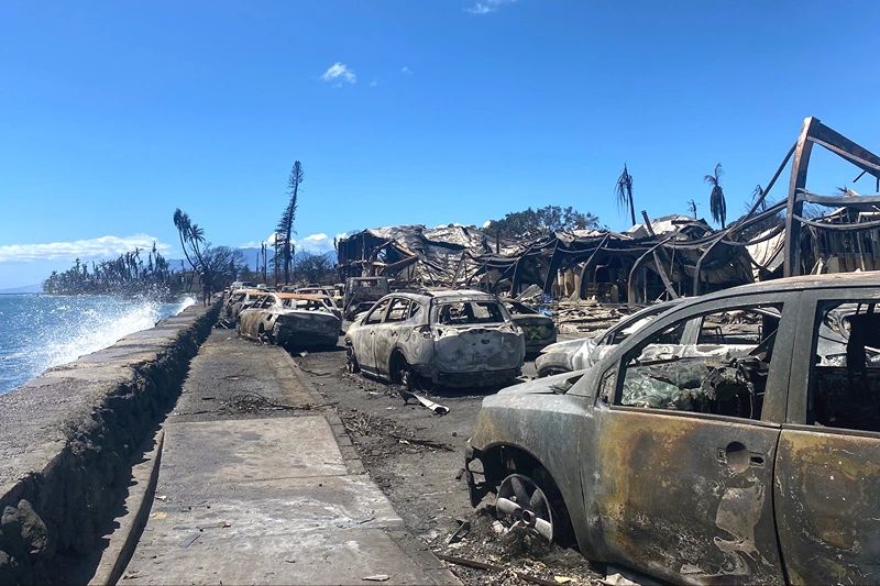 US-FIRE-HAWAII
Burned cars and destroyed buildings are pictured in the aftermath of a wildfire in Lahaina, western Maui, Hawaii on August 11, 2023. A wildfire that left Lahaina in charred ruins has killed at least 55 people, authorities said on August 10, making it one of the deadliest disasters in the US state's history. Brushfires on Maui, fueled by high winds from Hurricane Dora passing to the south of Hawaii, broke out August 8 and rapidly engulfed Lahaina. (Photo by Paula RAMON / AFP) / "The erroneous mention[s] appearing in the metadata of this photo by Paula RAMON has been modified in AFP systems in the following manner: [August 11] instead of [August 10]. Please immediately remove the erroneous mention[s] from all your online services and delete it (them) from your servers. If you have been authorized by AFP to distribute it (them) to third parties, please ensure that the same actions are carried out by them. Failure to promptly comply with these instructions will entail liability on your part for any continued or post notification usage. Therefore we thank you very much for all your attention and prompt action. We are sorry for the inconvenience this notification may cause and remain at your disposal for any further information you may require." (Photo by PAULA RAMON/AFP via Getty Images)