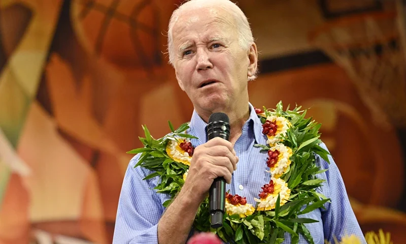 US-POLITICS-FIRE-MAUI-BIDEN US President Joe Biden speaks during a community engagement event at the Lahaina Civic Center in Lahaina, Hawaii on August 21, 2023. (Photo by Mandel NGAN / AFP) (Photo by MANDEL NGAN/AFP via Getty Images)