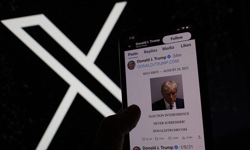 TOPSHOT-US-JUSTICE-POLITICS-TRUMP TOPSHOT - This illustration photo shows former US President Donald Trump's mugshot on X (formerly Twitter), on August 24, 2023. Former president Donald Trump posted his police mugshot on X, the former Twitter, on August 24 after his arrest in Georgia, his first post on the platform since January 2021. The message signals the return of Trump to what had been his favorite bullhorn and his first post since several days after the insurrection at the US Capitol by an enraged mob of his supporters attempting to block Joe Biden's certification as president. (Photo by Chris Delmas / AFP) (Photo by CHRIS DELMAS/AFP via Getty Images)